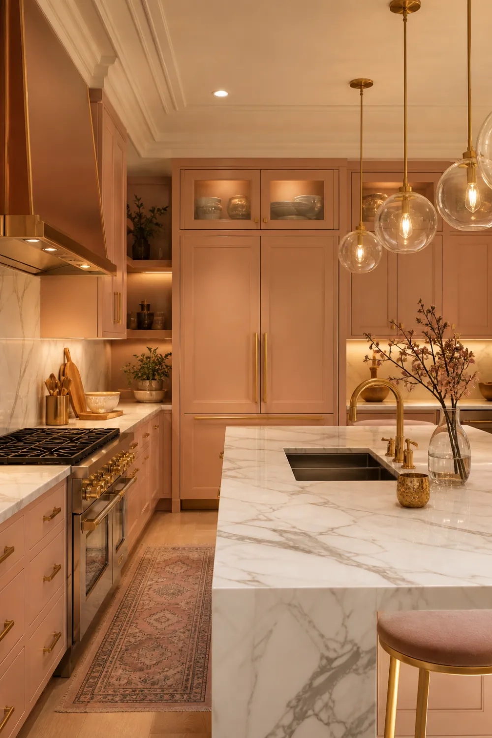 romantic peach kitchen with warm lighting, marble countertop, brass fixtures, glass pendant lights, cozy elegant kitchen interior design