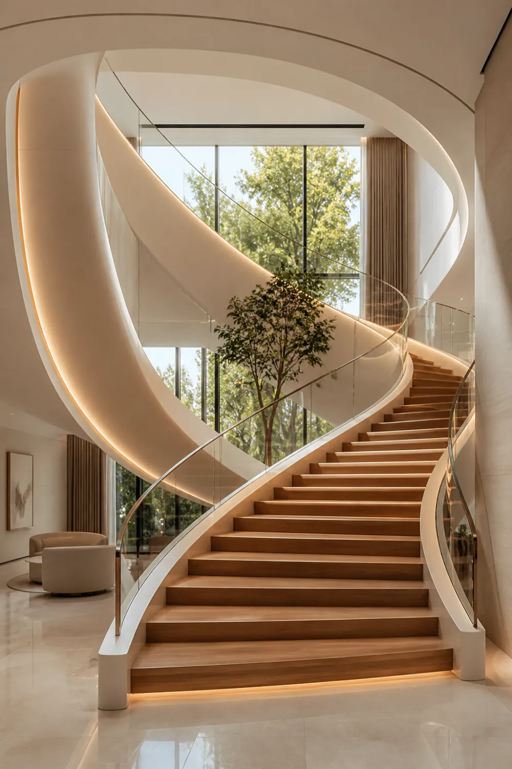 curved staircase with wooden steps and glass railing, soft lighting, luxury modern interior with large windows