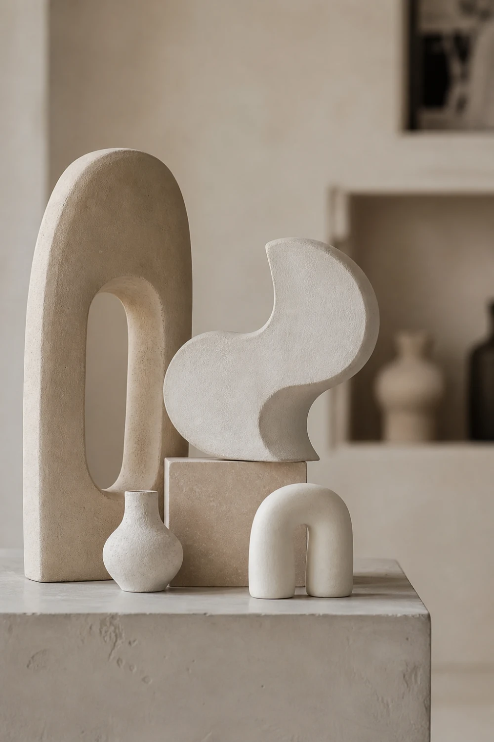 abstract DIY plaster decor objects sculptural shapes neutral tones modern art inspired home decor minimalist styling shelf display