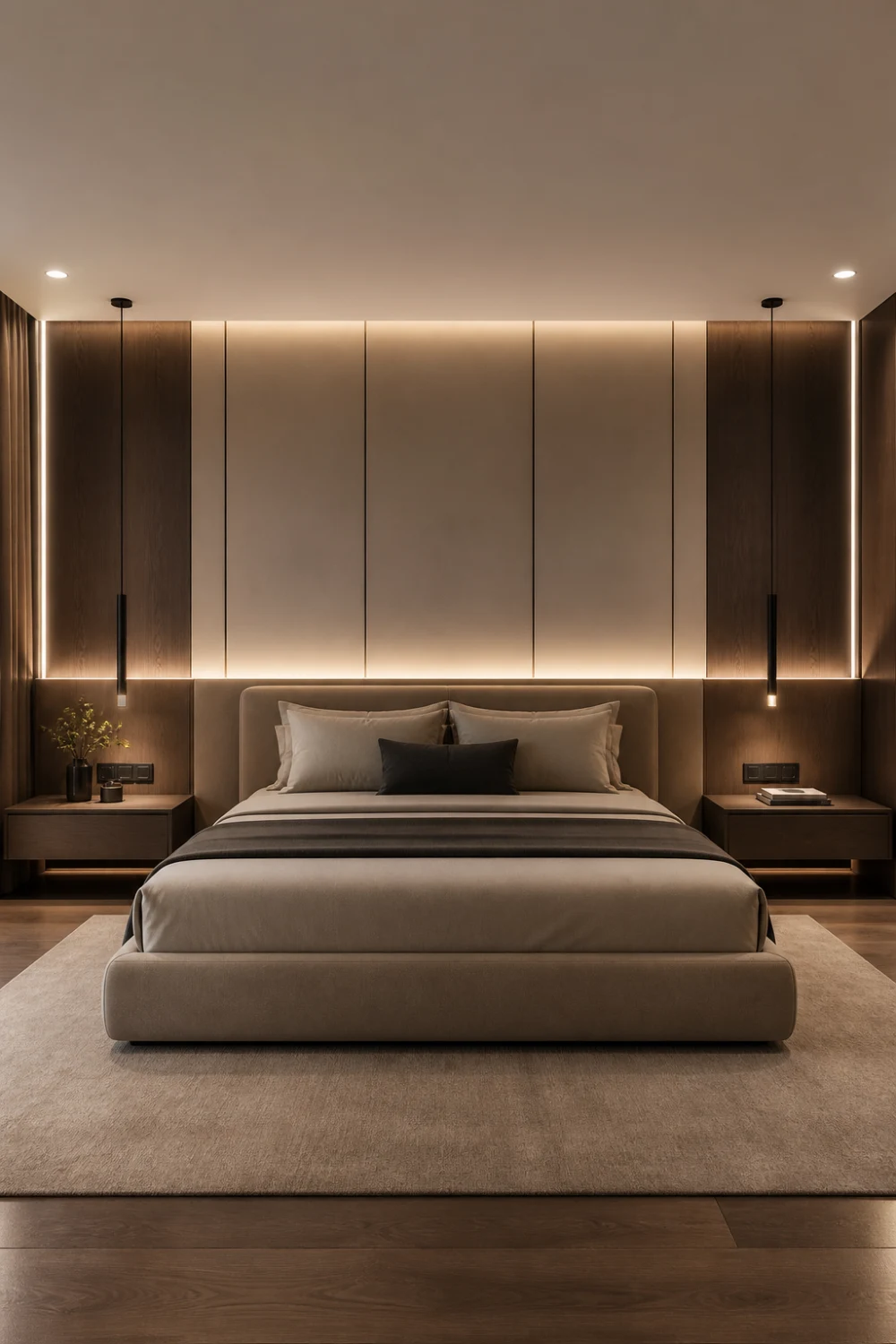 extended panel headboard wall ambient lighting modern bedroom full wall design warm glow clean bed setup luxury interior bedroom decor
