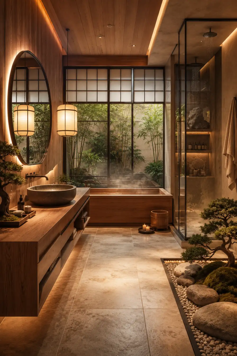 Japanese ryokan style Japandi bathroom with warm wood finishes, glowing lantern pendant lights, soaking tub surrounded by nature, shoji-inspired windows, bonsai decor, and luxurious spa retreat atmosphere.