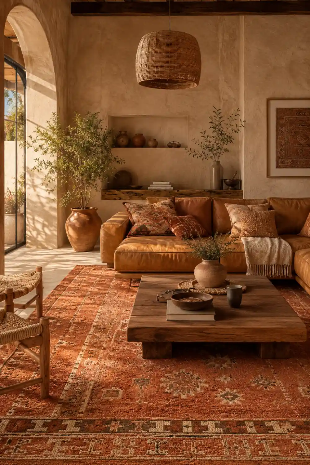 Earthy living room with terracotta vintage rug, leather sofa, rustic wooden coffee table, Mediterranean decor styling, warm sunlight, and cozy organic modern interior inspiration.