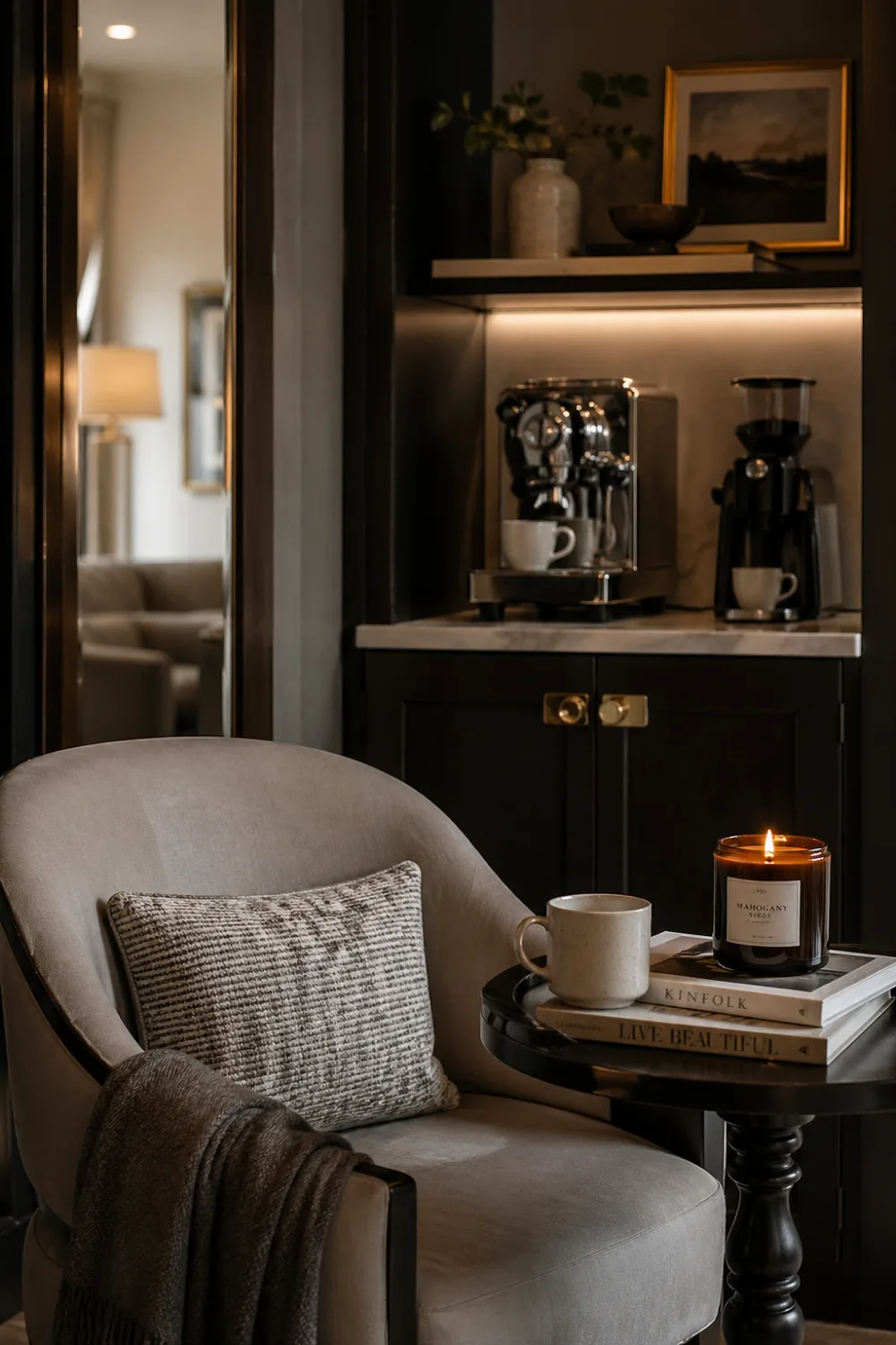 cozy corner coffee station home decor armchair candle books warm lighting small luxury space aesthetic interior