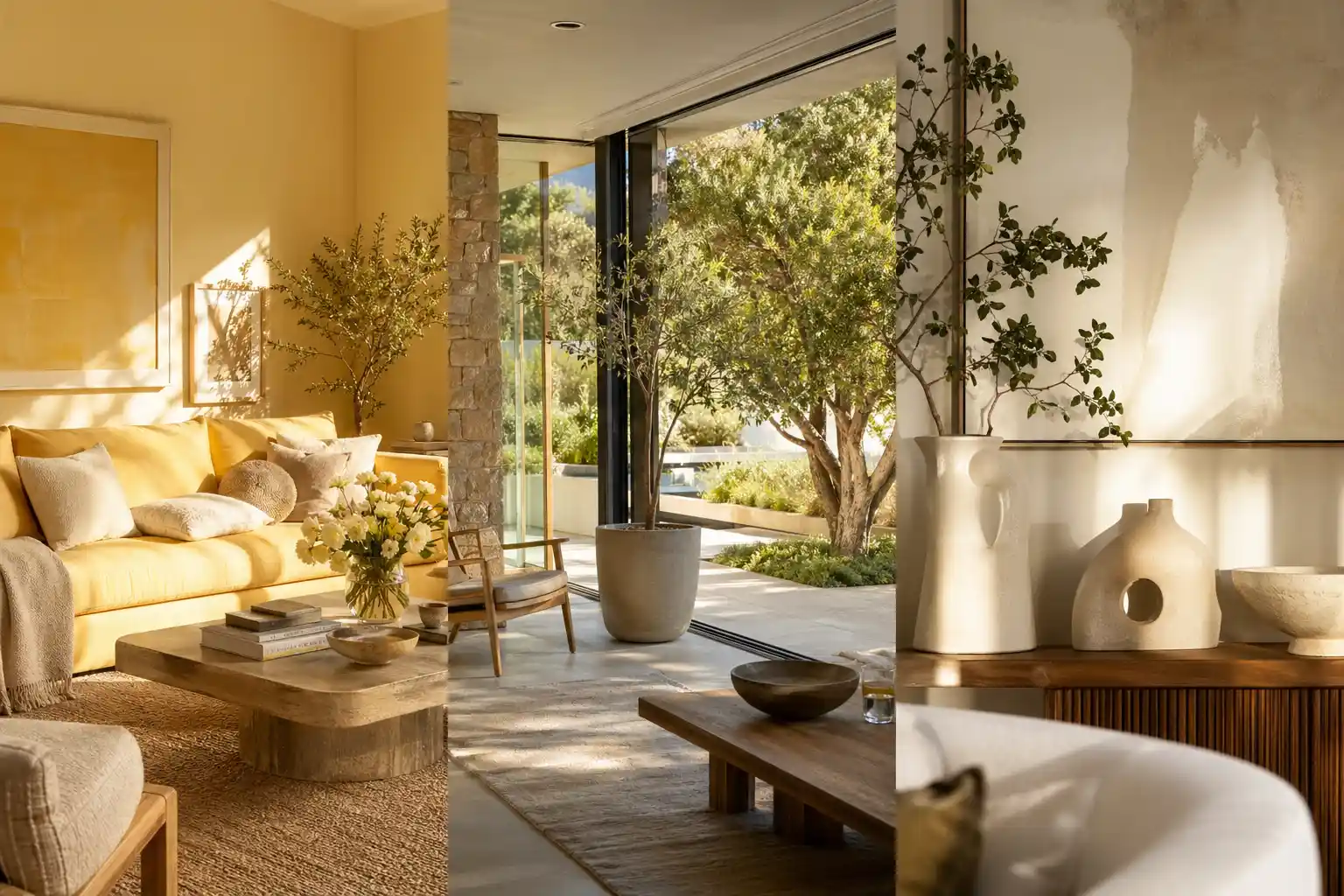 summer 2026 home decor trends butter yellow sofa indoor outdoor design modern neutral home aesthetic natural light plants open space styling