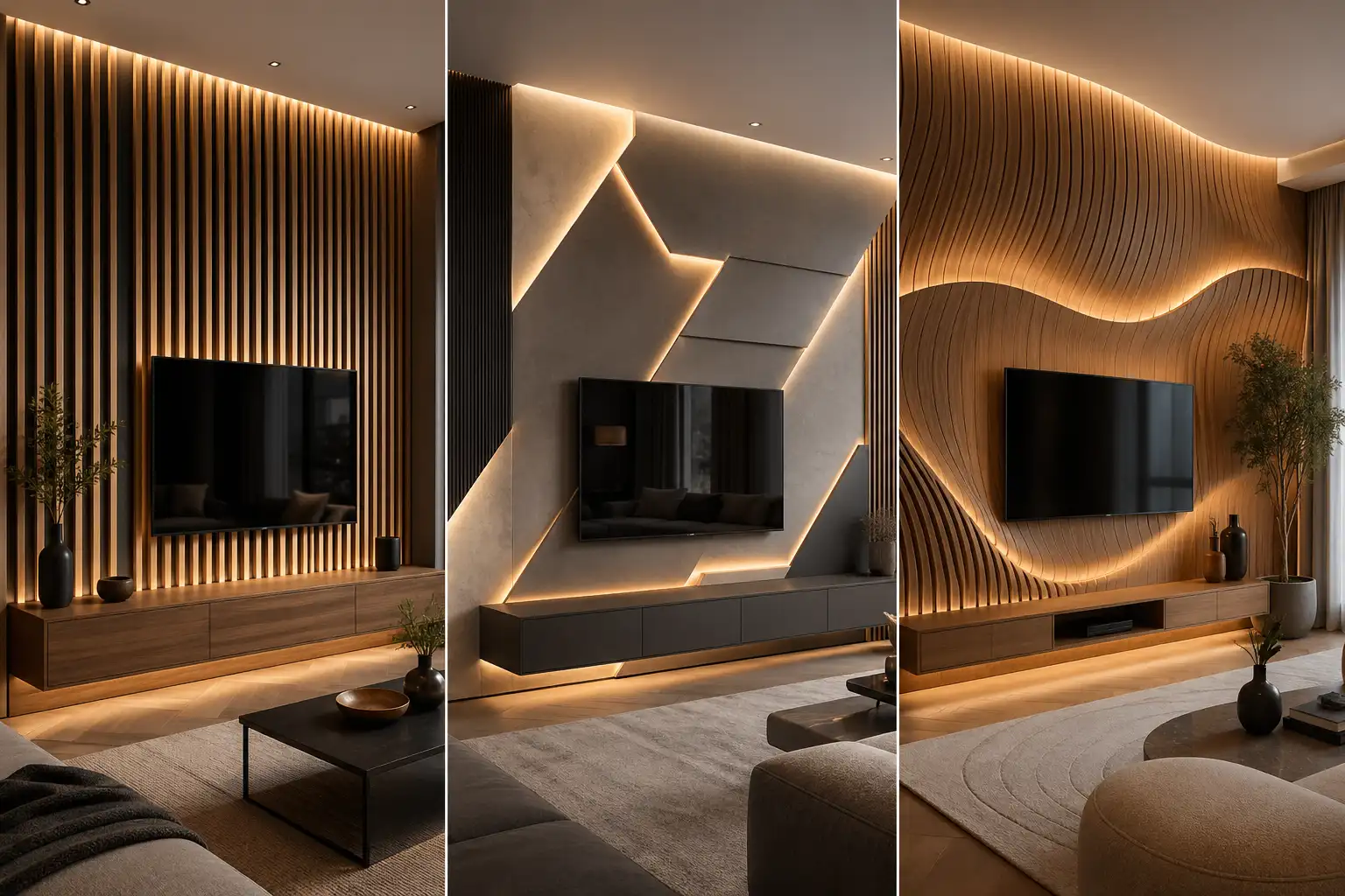 modern 3D TV wall ideas design collage featuring wooden acoustic slat panel, geometric LED panel wall, and curved wave wood wall, luxury living room interiors with warm ambient lighting and wall mounted TV setups