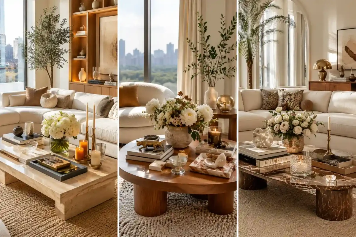 Luxury modern living room collage coffee table styling ideas with layered designer books, candles, floral arrangements, marble trays, sculptural decor, and elegant neutral furniture. Bright natural daylight, warm wood textures, soft beige interiors, and Pinterest-inspired modern maximalist styling create a high-end designer home aesthetic.