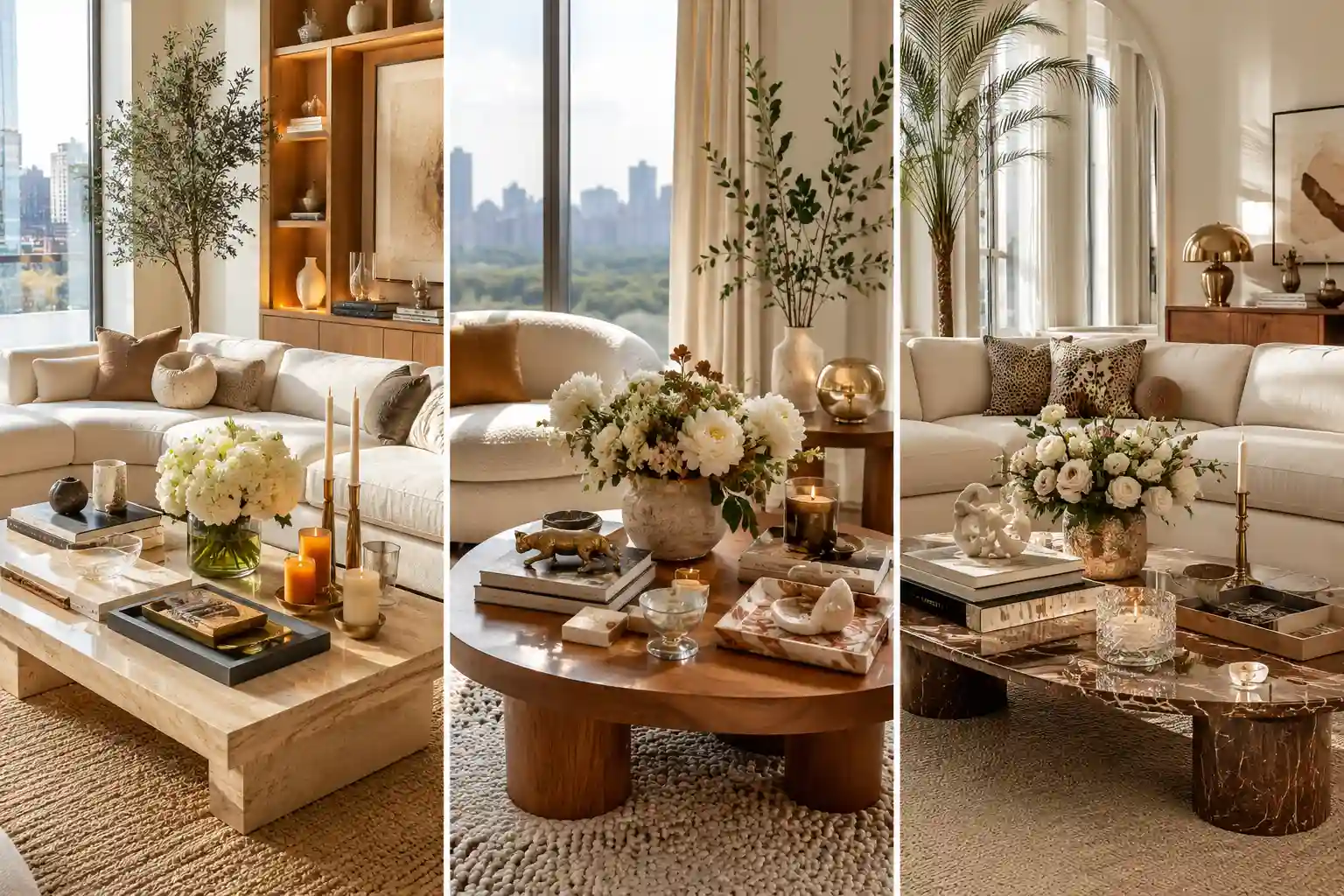 Luxury modern living room collage coffee table styling ideas with layered designer books, candles, floral arrangements, marble trays, sculptural decor, and elegant neutral furniture. Bright natural daylight, warm wood textures, soft beige interiors, and Pinterest-inspired modern maximalist styling create a high-end designer home aesthetic.