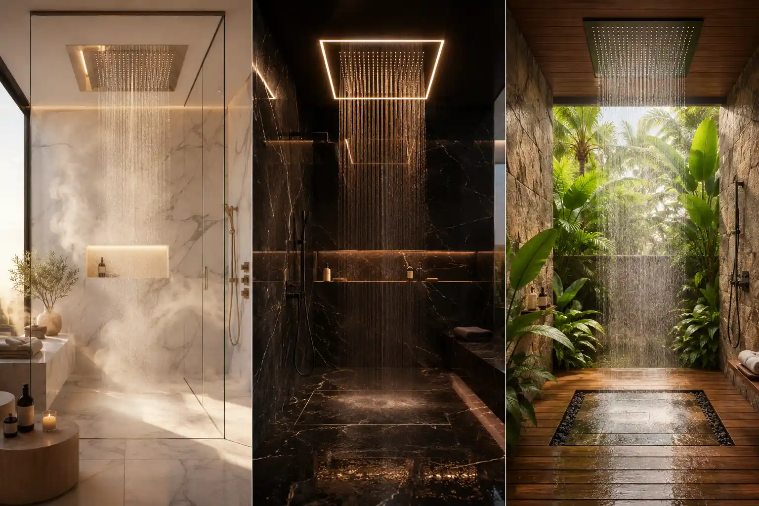 Luxury rain shower ideas collage featuring a bright marble spa bathroom, dramatic black marble LED rainfall shower, and tropical outdoor resort-style shower with lush greenery and modern luxury interior design.