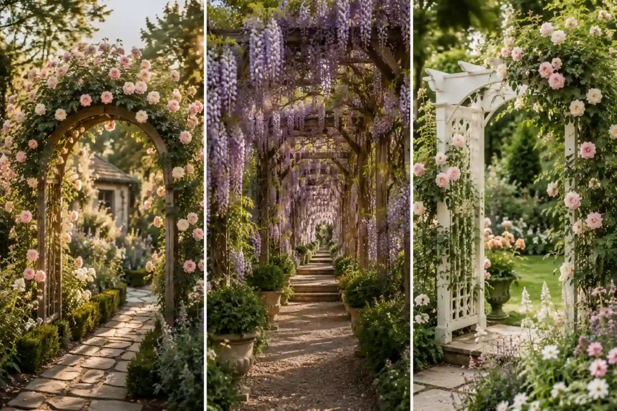 Luxury garden collage featuring a DIY trellis ideas and rustic rose arch trellis, dreamy wisteria pergola tunnel, and elegant white garden arbor surrounded by lush flowers, stone pathways, and romantic cottage-style landscaping in warm golden sunlight.