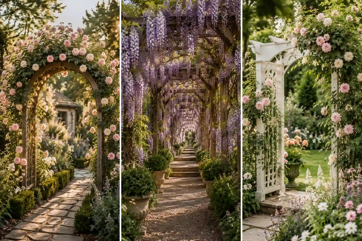 Luxury garden collage featuring a DIY trellis ideas and rustic rose arch trellis, dreamy wisteria pergola tunnel, and elegant white garden arbor surrounded by lush flowers, stone pathways, and romantic cottage-style landscaping in warm golden sunlight.