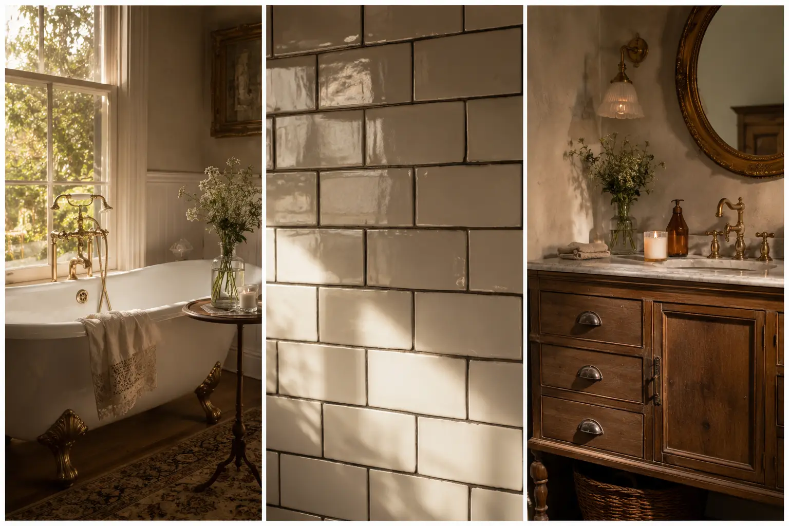 Luxury vintage bathroom ideas featuring elegant clawfoot bathtub, glossy white subway tiles, rustic wooden vanity, antique brass fixtures, warm sunlight, marble textures, and cozy farmhouse bathroom decor.