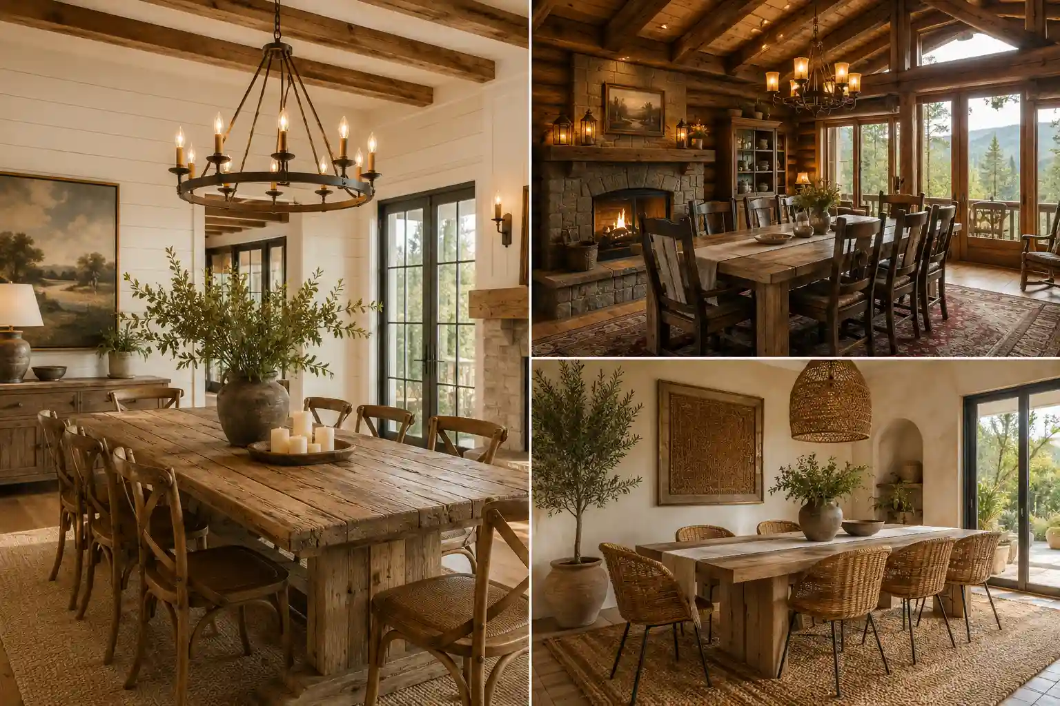 Rustic dining room ideas collage featuring three cozy farmhouse dining room interiors with reclaimed wood dining tables, exposed wooden ceiling beams, oversized chandeliers, woven chairs, stone fireplace, warm neutral decor, earthy textures, natural sunlight, and luxurious modern farmhouse interior styling in a Pinterest-inspired grid layout.