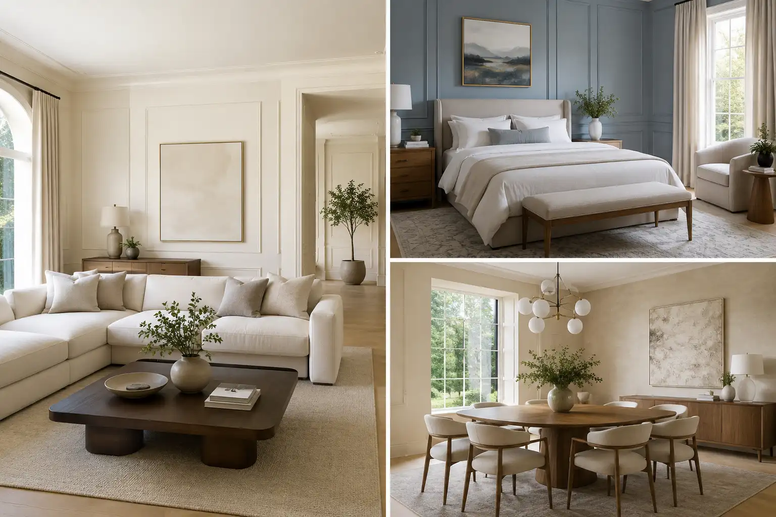 Luxury quiet luxury paint colors collage featuring creamy ivory living room, smoky blue-gray bedroom, and warm beige dining room with elegant neutral decor, modern wood furniture, soft natural lighting, textured fabrics, and sophisticated 2026 home design styling in a Pinterest-worthy layout.
