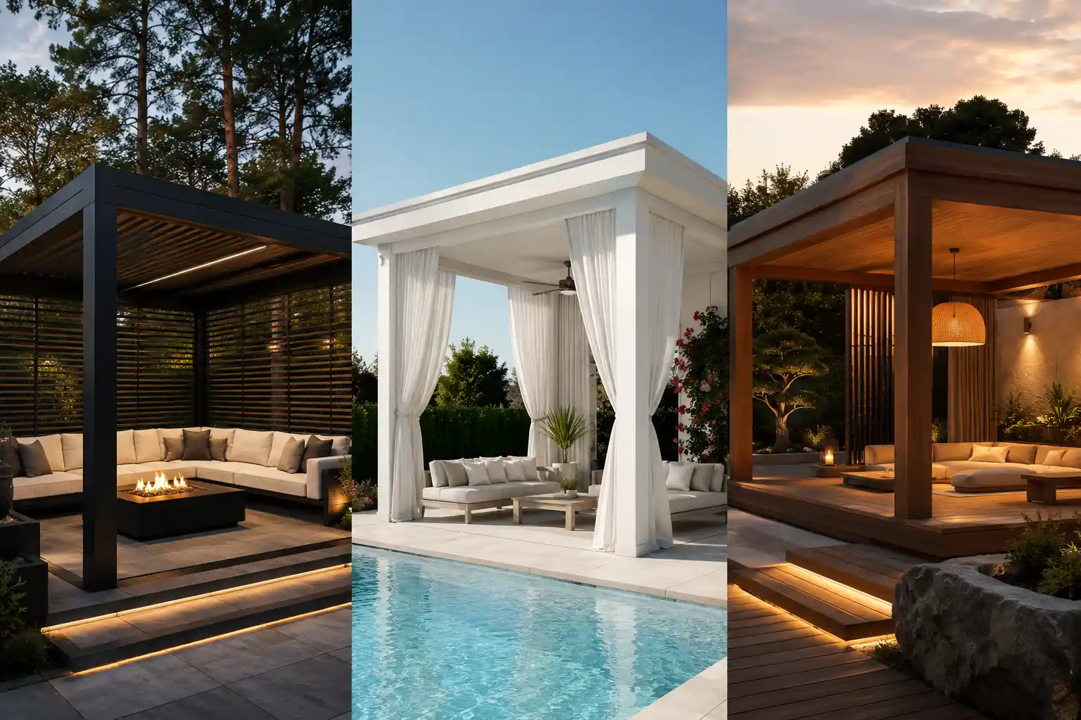 Luxury modern gazebo ideas collage featuring three stylish outdoor living spaces including a black contemporary gazebo with fire pit, elegant white poolside gazebo with flowing curtains, and warm wooden modern gazebo with ambient lighting in upscale backyard settings.