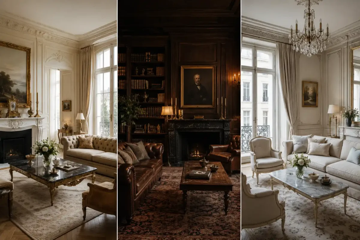 Luxury old money living room ideas collage featuring elegant European interiors, marble fireplaces, crystal chandeliers, dark wood library walls, cream tufted sofas, vintage decor, classic Parisian styling, and timeless quiet luxury home inspiration.