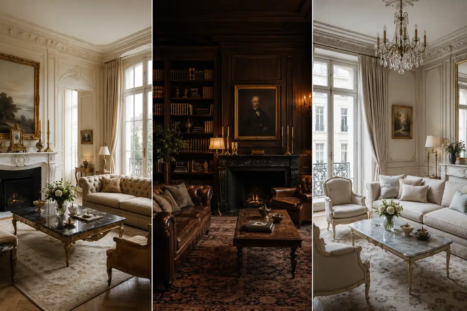 Luxury old money living room ideas collage featuring elegant European interiors, marble fireplaces, crystal chandeliers, dark wood library walls, cream tufted sofas, vintage decor, classic Parisian styling, and timeless quiet luxury home inspiration.