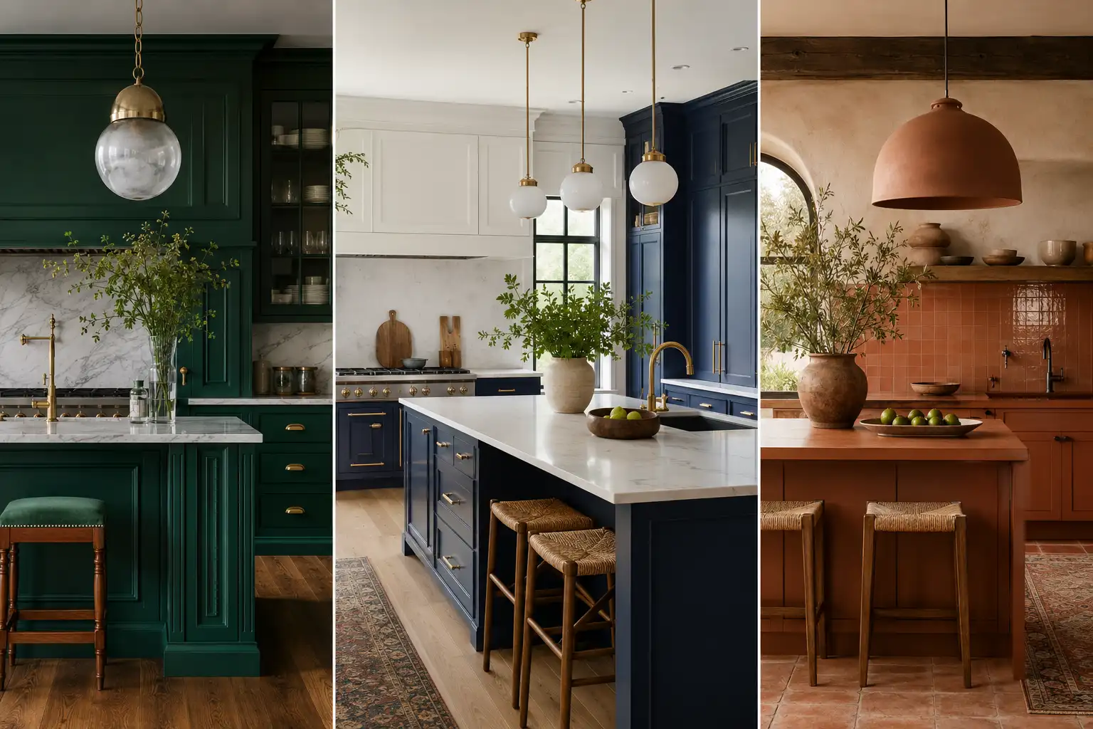 Collage of colourful kitchen cabinet ideas emerald green, navy blue, and terracotta kitchen cabinets with marble countertops, brass accents, and luxury modern kitchen interiors