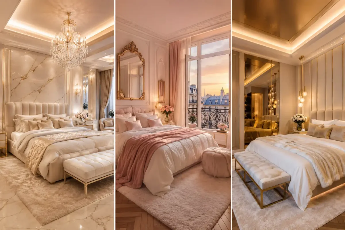 Luxury romantic bedroom ideas featuring elegant neutral bedrooms with crystal chandeliers, blush pink decor, upholstered beds, marble accents, warm ambient lighting, plush textures, and modern hotel-inspired luxury interiors.