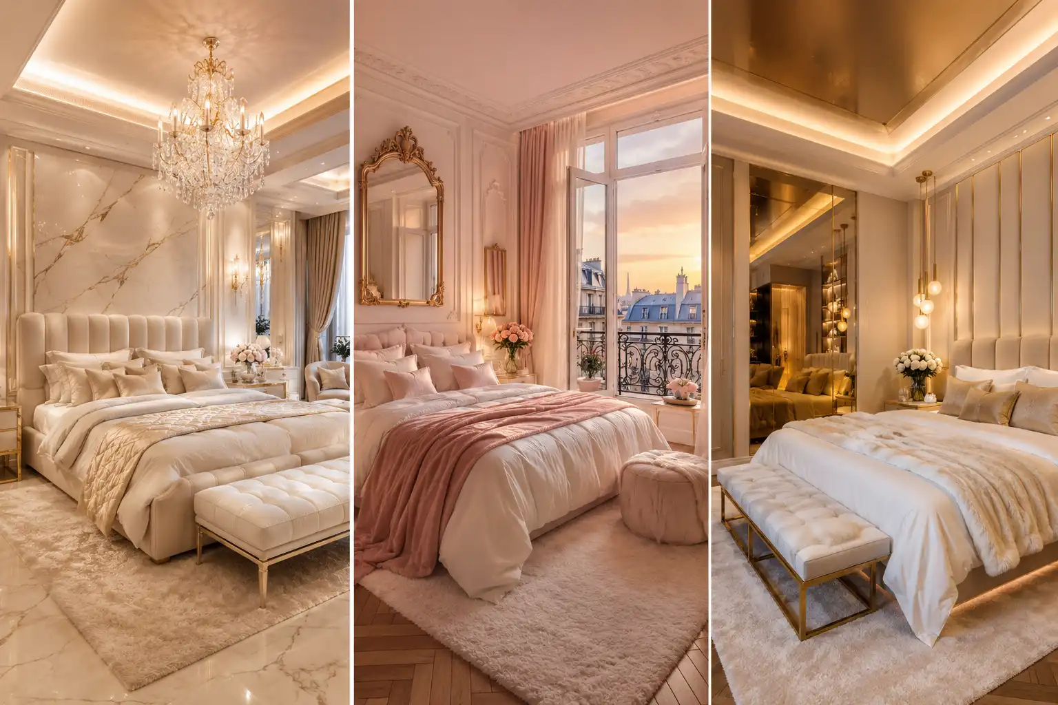 Luxury romantic bedroom ideas featuring elegant neutral bedrooms with crystal chandeliers, blush pink decor, upholstered beds, marble accents, warm ambient lighting, plush textures, and modern hotel-inspired luxury interiors.