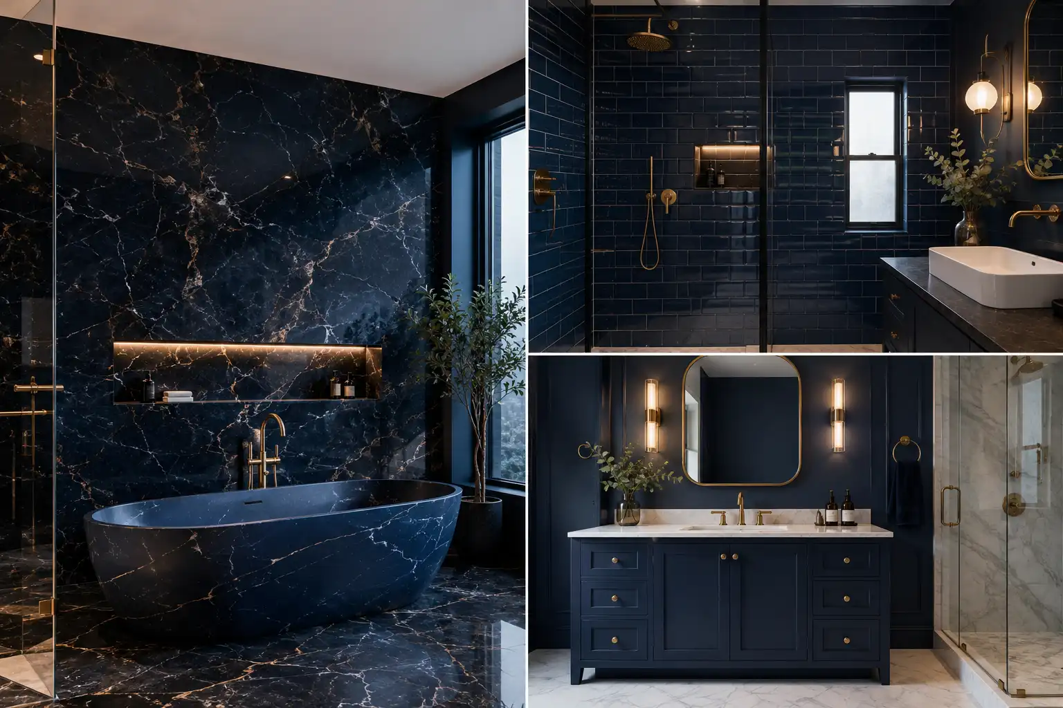 Luxury navy blue bathroom ideas collage featuring dark marble walls, glossy navy subway tiles, gold brass fixtures, modern vanity, freestanding bathtub, marble shower, warm lighting, and elegant high-end bathroom interior inspiration.
