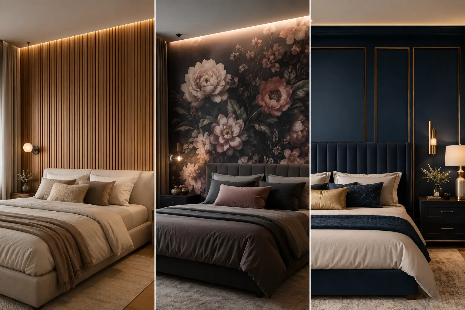 Luxury bedroom feature wall ideas collage featuring three dramatic bedroom feature wall ideas including warm wood slat wall with LED lighting, oversized floral mural accent wall, and moody navy blue paneled bedroom design with elegant modern decor and cozy luxury interiors.