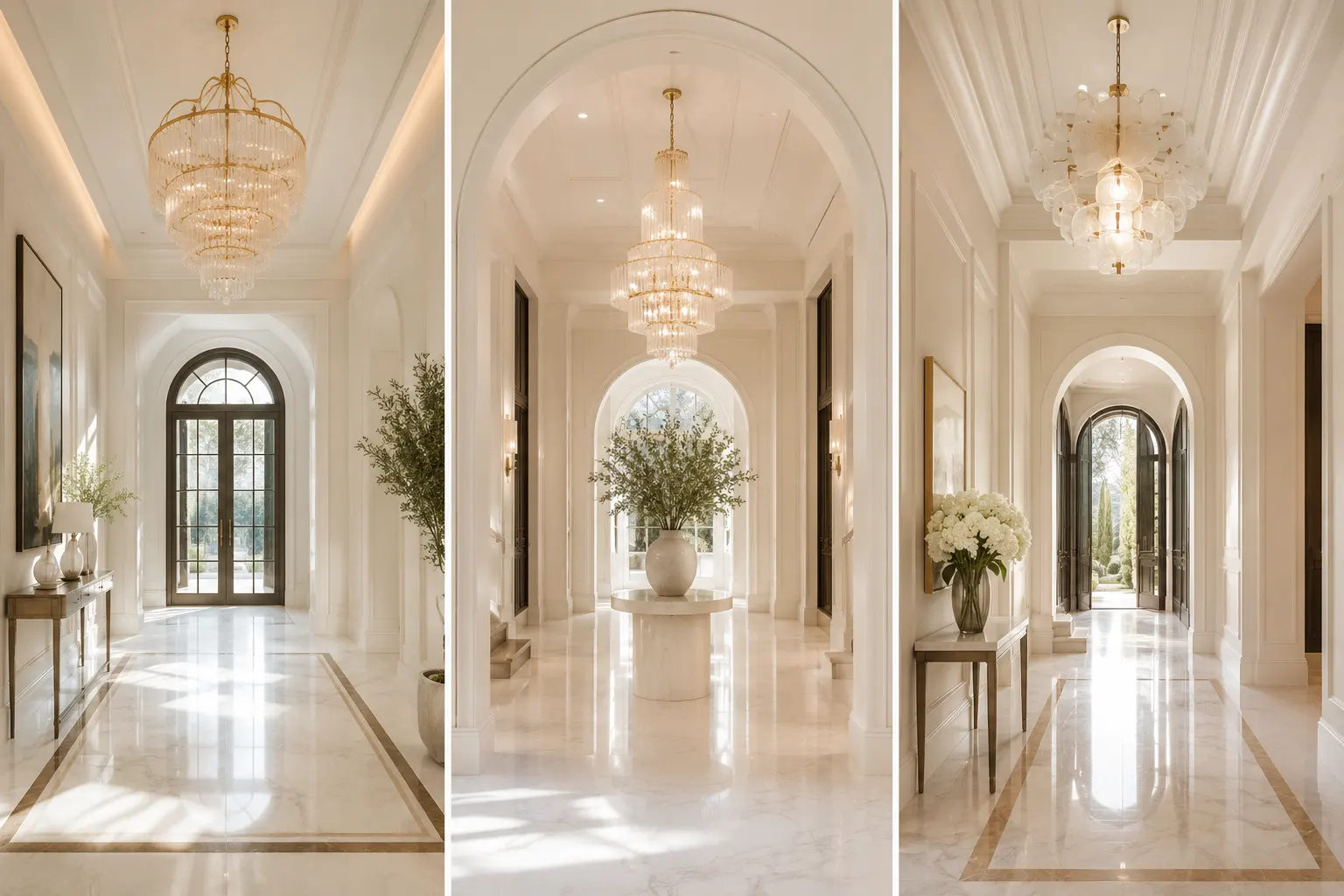 narrow hallway decor ideas collage featuring grand crystal chandeliers, glossy marble flooring, oversized archways, elegant cream walls, gold accents, designer console tables, natural sunlight, and upscale mansion style foyer interior design with bright symmetrical architecture.