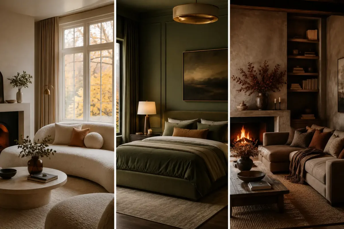 Autumn Home Decor Trends collage featuring warm minimalist living room, dark moody bedroom, and cozy earth tone fireplace living room with elegant lighting, neutral textures, modern luxury interiors, and Pinterest-inspired fall home styling.