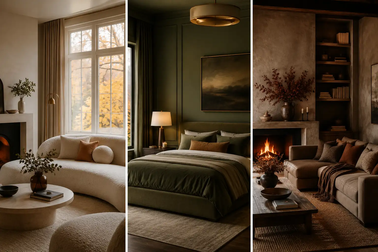 Autumn Home Decor Trends collage featuring warm minimalist living room, dark moody bedroom, and cozy earth tone fireplace living room with elegant lighting, neutral textures, modern luxury interiors, and Pinterest-inspired fall home styling.