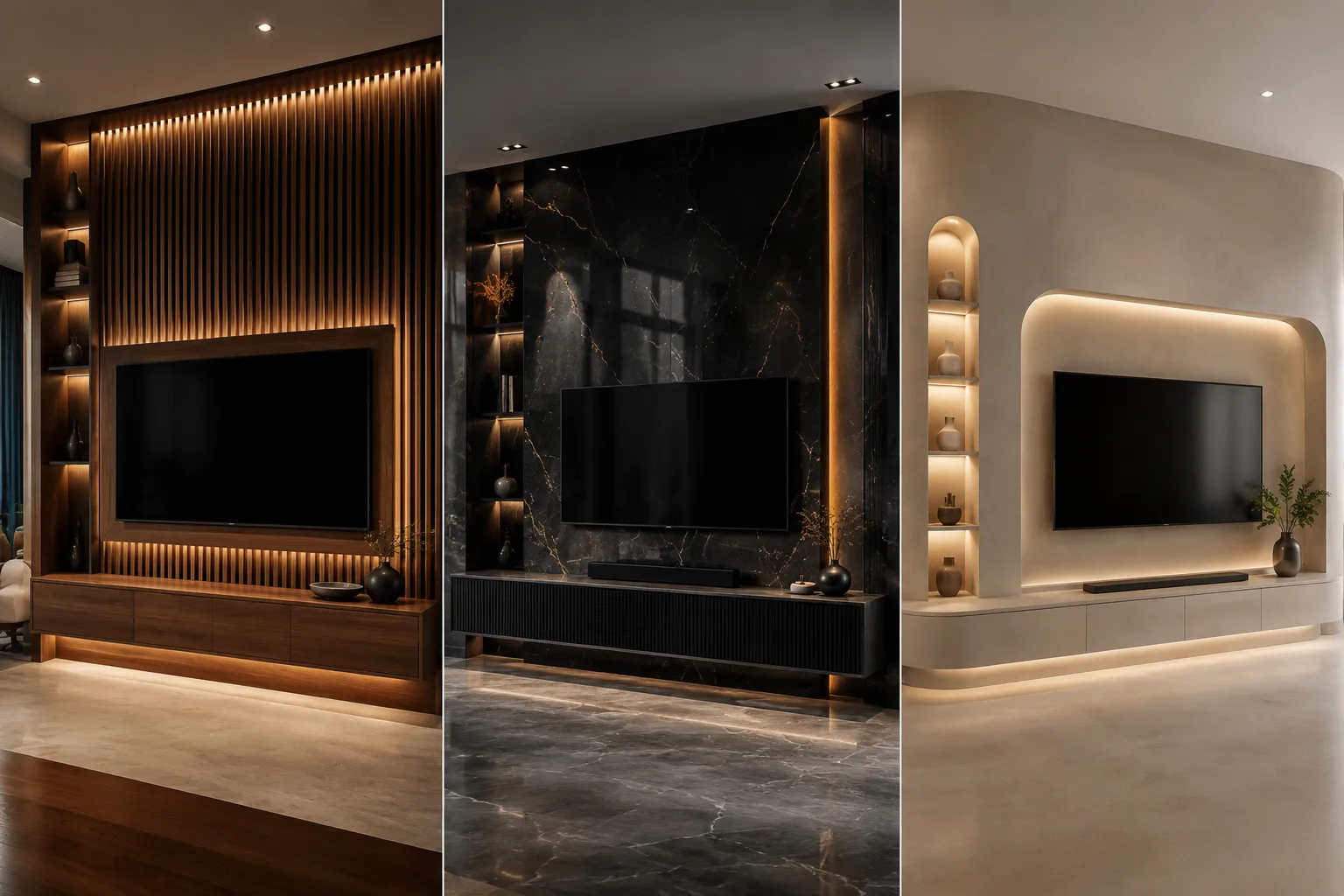 Luxury modern TV wall ideas collage featuring walnut wood slat media wall, dramatic black marble TV wall, and curved minimalist TV wall with ambient LED lighting, floating consoles, and elegant contemporary living room interior design.