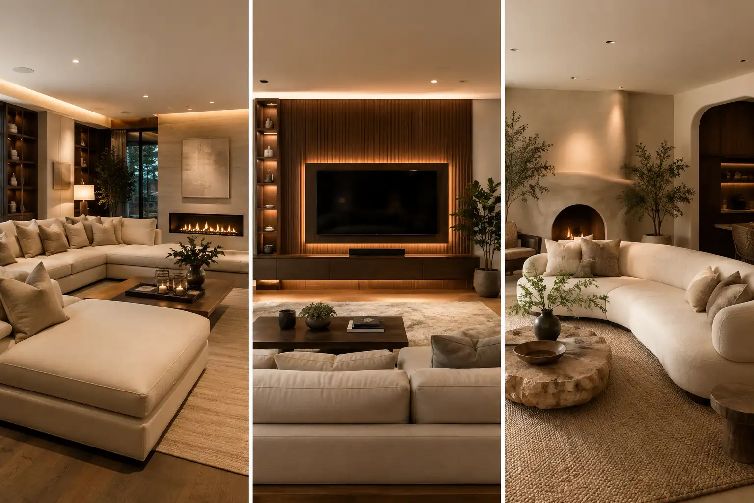 modern living room ideas collage featuring elegant fireplace interiors, warm LED TV wall design, curved boucle sofas, layered neutral textures, ambient lighting, walnut wood accents, and modern small space living room inspiration.