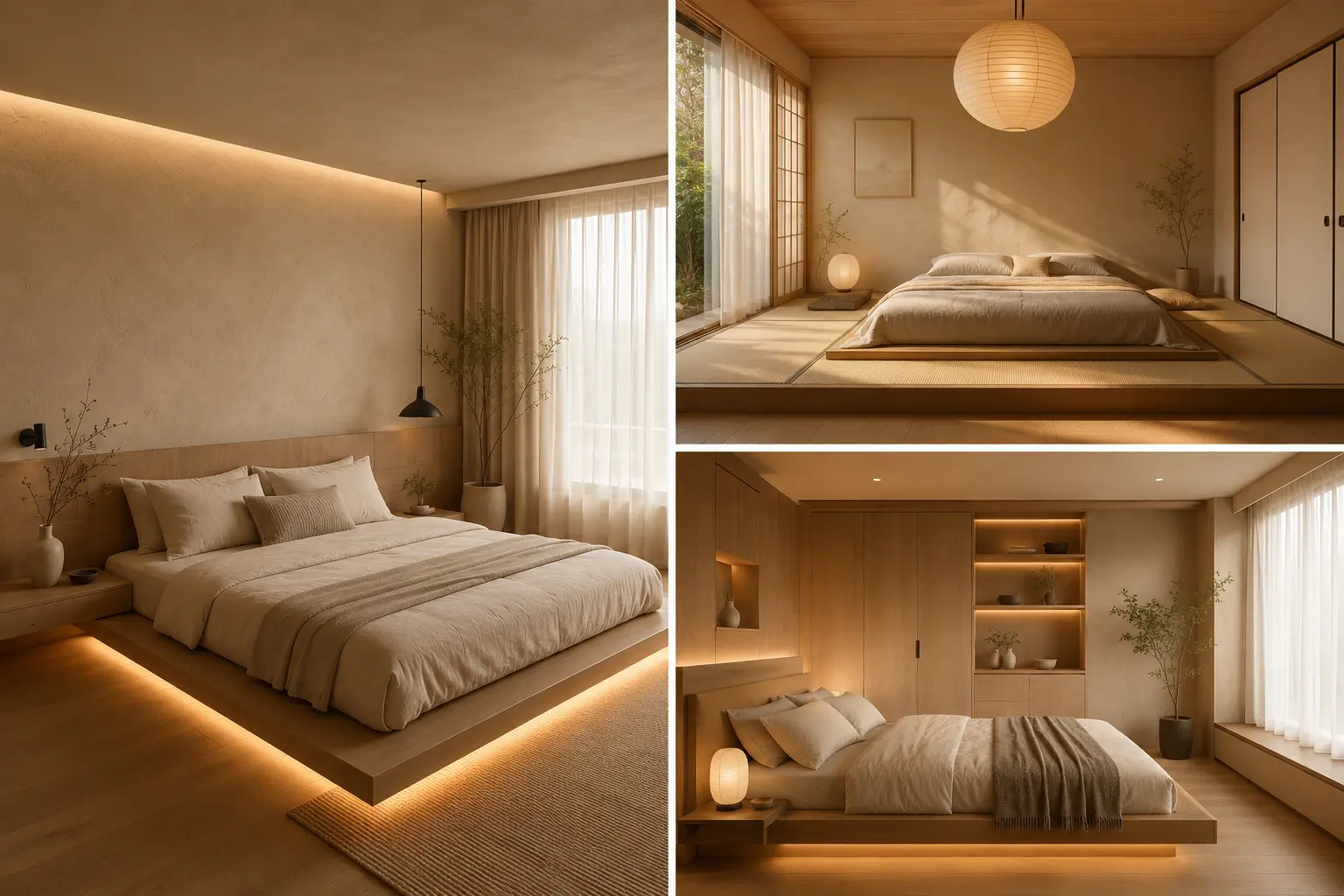 Japandi bedroom ideas collage featuring three cozy small-space bedroom designs with floating platform beds, hidden LED lighting, tatami-style layout, warm oak wood textures, soft neutral bedding, sheer curtains, and minimalist Zen-inspired decor.