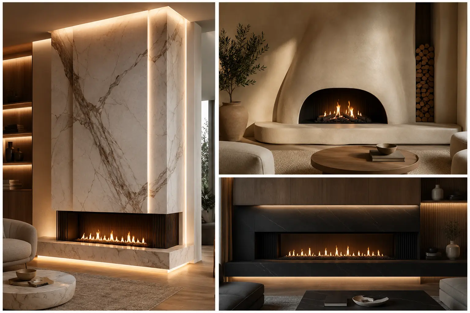 Luxury modern fireplace ideas collage featuring marble fireplace wall, curved plaster fireplace, and sleek black linear fireplace with warm LED lighting and elegant neutral living room interiors
