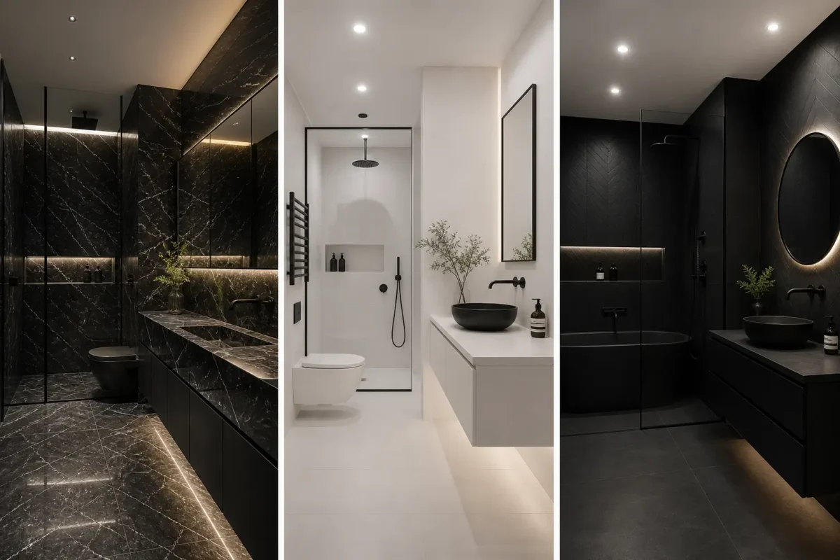 modern black and white bathroom ideas design collage with three luxury interiors, dark marble bathroom, minimalist white bathroom with black fixtures, moody black bathroom with ambient lighting, contemporary high end bathroom inspiration