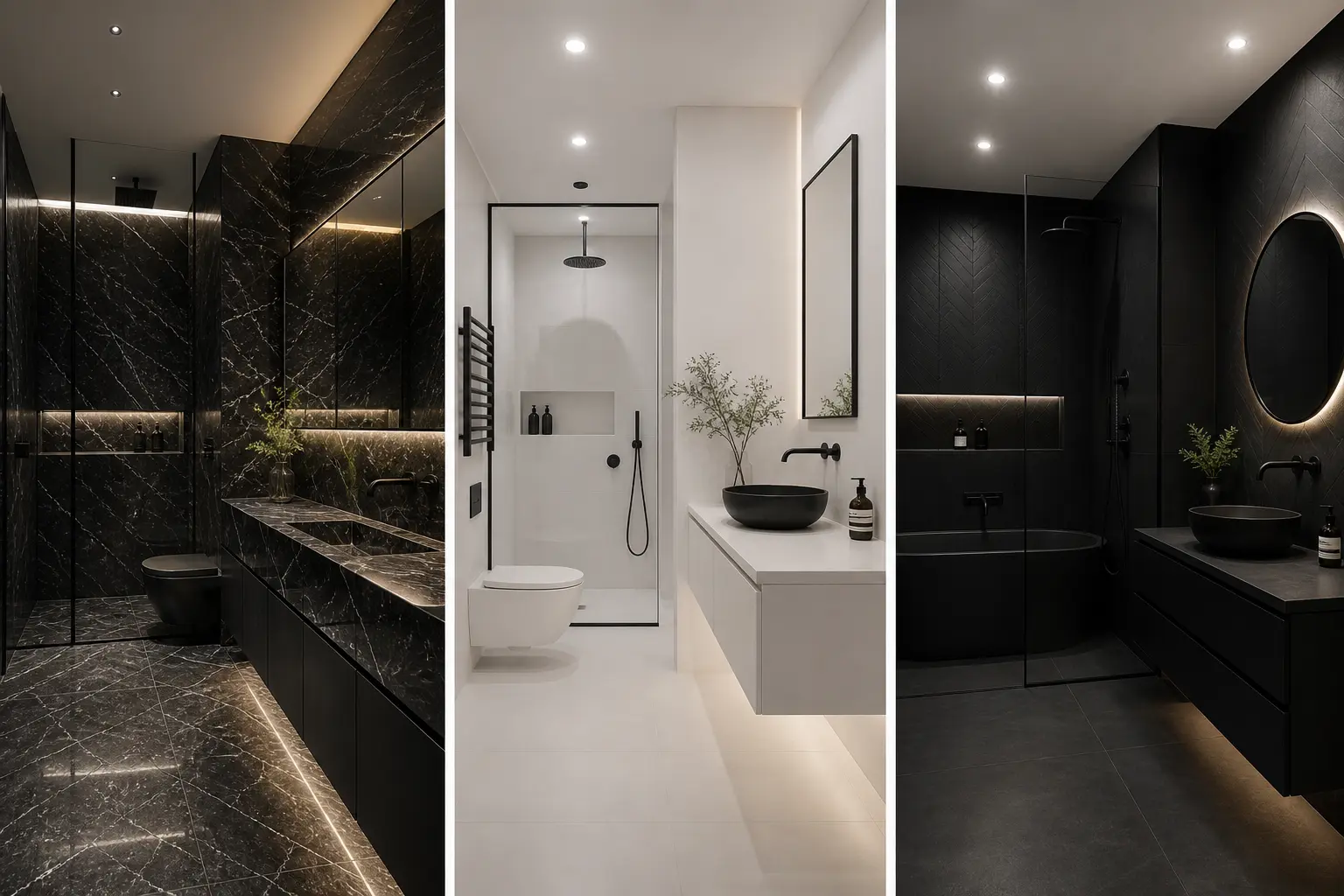 modern black and white bathroom ideas design collage with three luxury interiors, dark marble bathroom, minimalist white bathroom with black fixtures, moody black bathroom with ambient lighting, contemporary high end bathroom inspiration