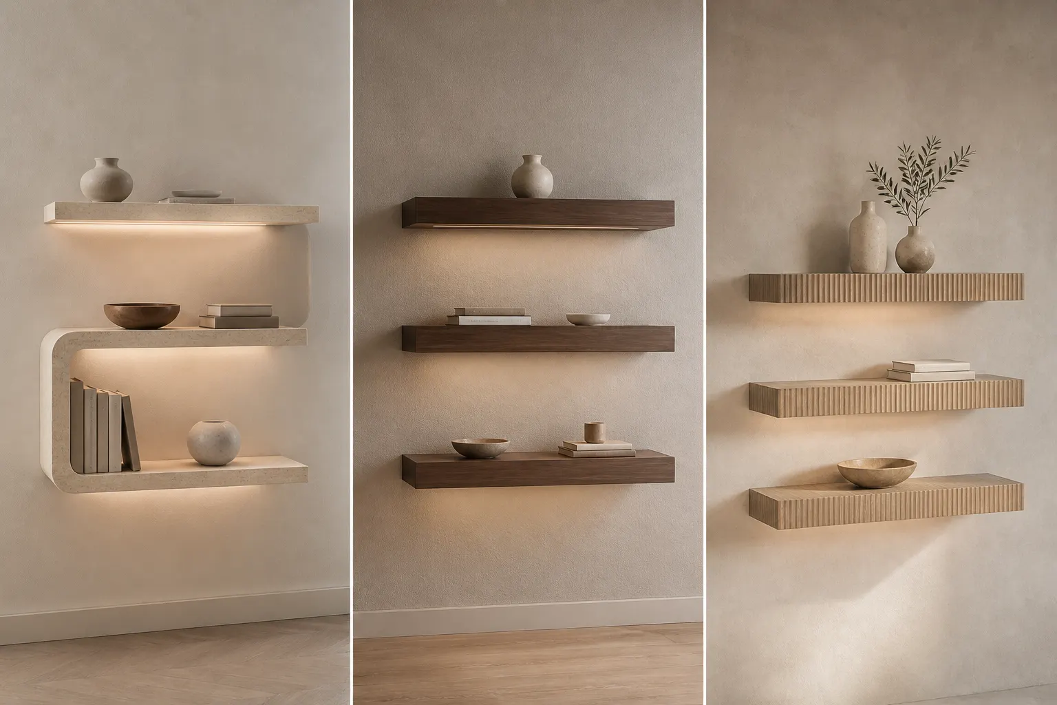 modern floating shelves 3 panel grid minimalist wooden wall shelves LED backlit shelf designs contemporary wall decor luxury DIY floating shelves ideas