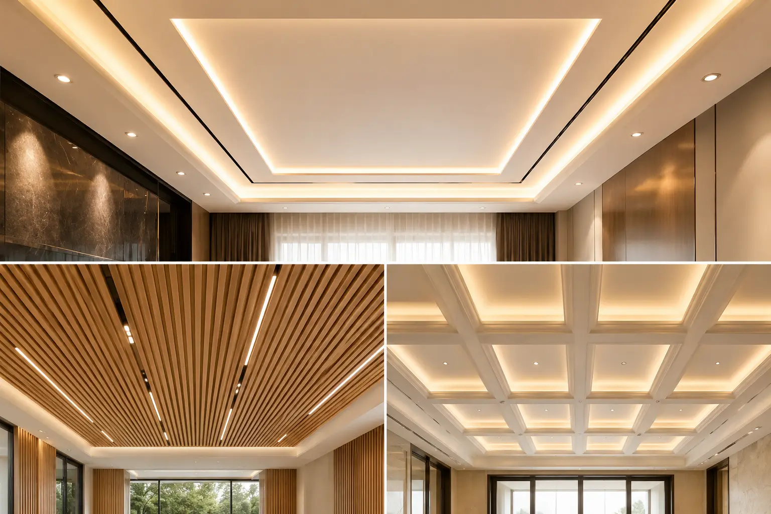 Luxury modern ceiling ideas collage featuring recessed LED ceiling, contemporary wood slat ceiling, and elegant coffered ceiling designs with warm ambient lighting and upscale interior styling.