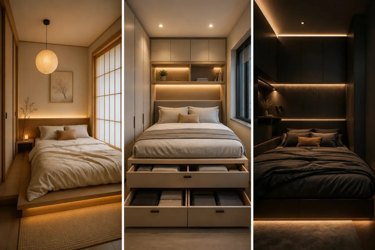 Luxury tiny bedroom collage featuring Japandi-style decor, hidden storage bed drawers, cozy warm LED lighting, minimalist small room layouts, and modern dark bedroom inspiration for stylish compact apartment living.