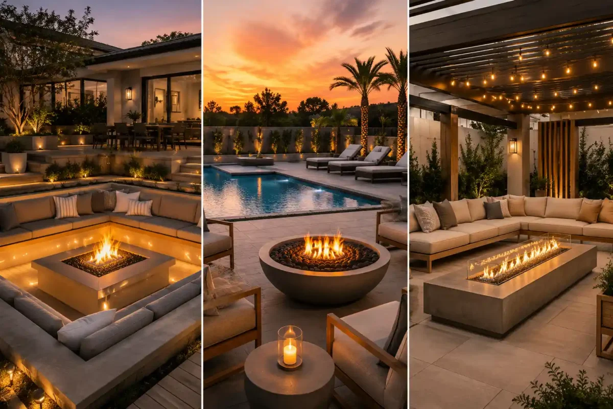 Modern backyard fire pit ideas collage featuring a luxury sunken fire pit lounge, elegant poolside fire bowl patio, and pergola-covered outdoor seating area with glowing fire tables, warm LED lighting, neutral furniture, and upscale contemporary landscaping at sunset.