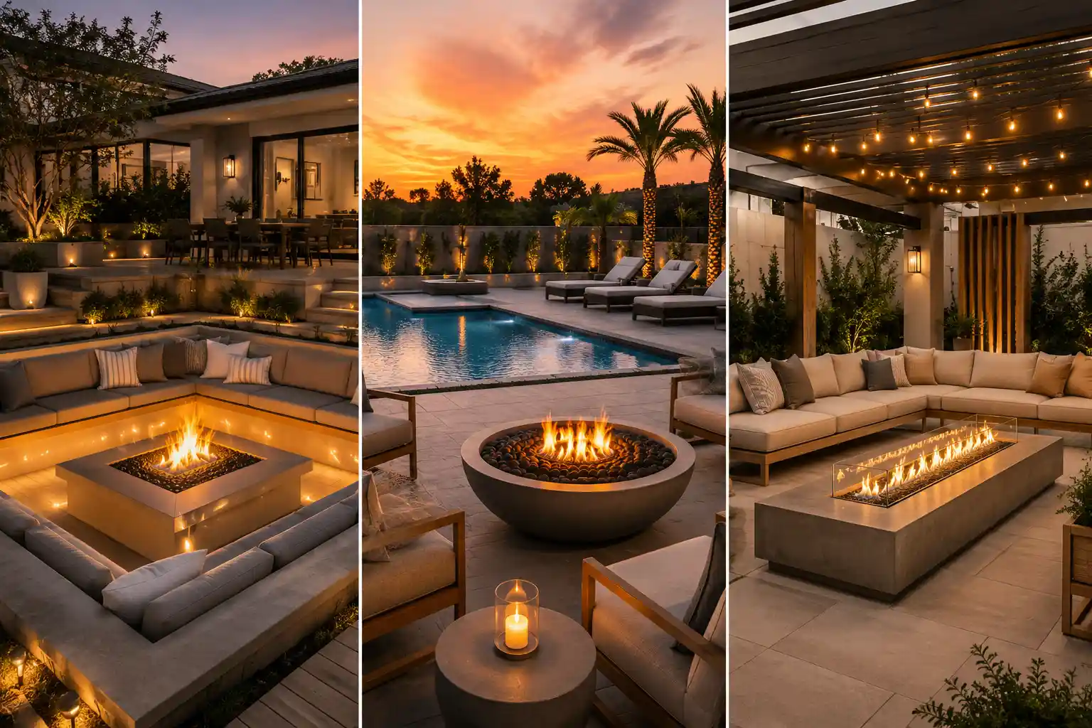 Modern backyard fire pit ideas collage featuring a luxury sunken fire pit lounge, elegant poolside fire bowl patio, and pergola-covered outdoor seating area with glowing fire tables, warm LED lighting, neutral furniture, and upscale contemporary landscaping at sunset.