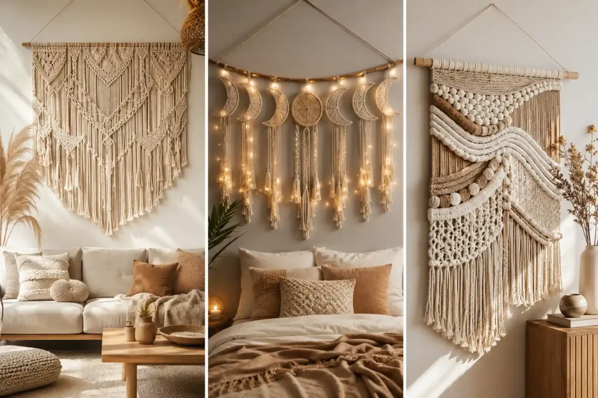 Luxury 3DIY Macrame Wall Hanging Ideas collage featuring oversized neutral boho macrame art, celestial moon phase macrame with fairy lights, and textured woven fiber wall decor styled in cozy modern boho interiors with beige neutral tones.