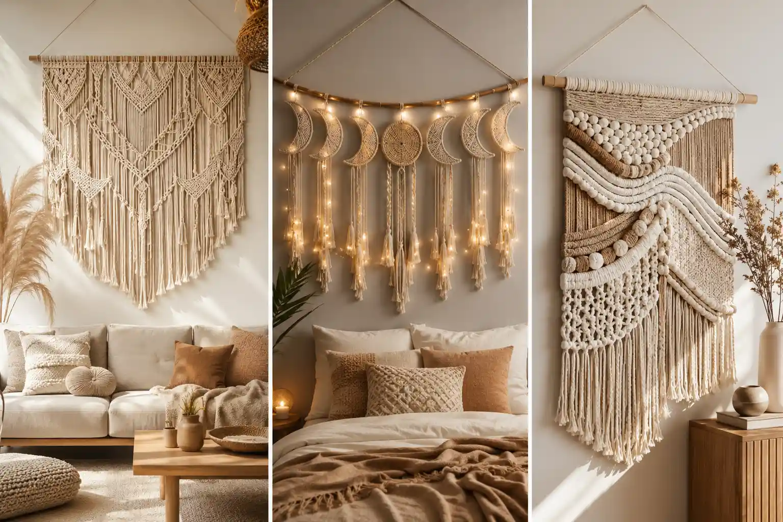 Luxury 3DIY Macrame Wall Hanging Ideas collage featuring oversized neutral boho macrame art, celestial moon phase macrame with fairy lights, and textured woven fiber wall decor styled in cozy modern boho interiors with beige neutral tones.