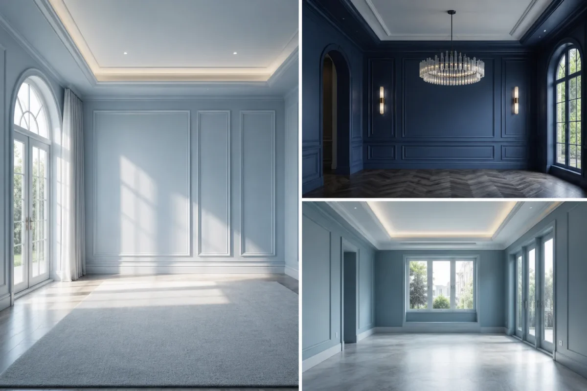 Luxury cool blue paint ideas room collage featuring icy blue, navy blue, and soft blue-gray modern interiors with elegant empty room designs.