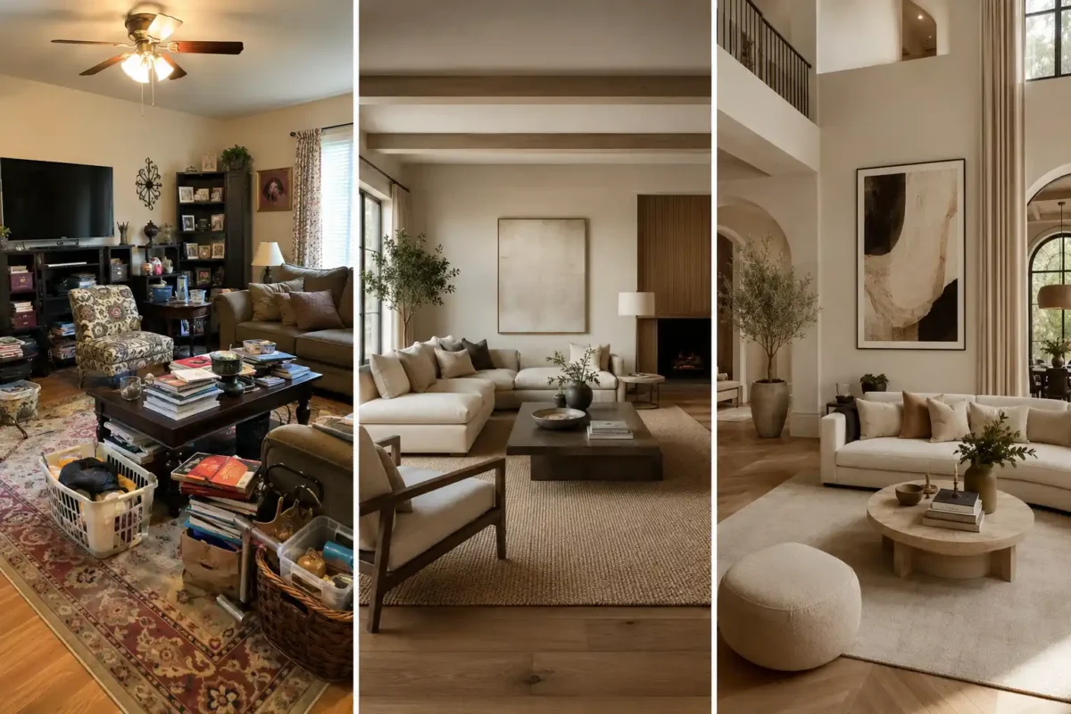 Cluttered living room beside modern luxury neutral interiors showing home decor mistakes and elegant designer styling ideas