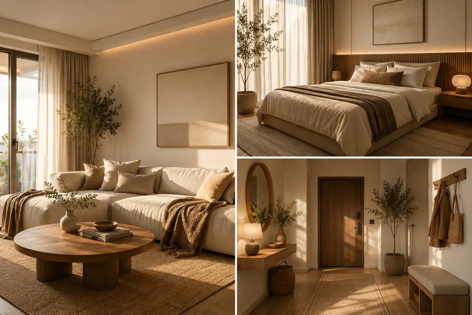 Luxury cozy rental apartment ideas collage featuring a modern neutral living room with cream sectional sofa and wooden coffee table, a hotel-inspired bedroom with layered beige bedding and warm lighting, and a stylish apartment entryway with wooden bench, textured runner rug, round mirror, and earthy minimalist decor creating a warm Pinterest-inspired apartment aesthetic for modern renters and small space decorating ideas.