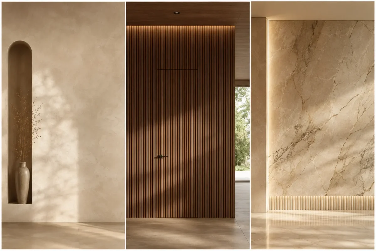 Luxury Modern Textured Wall Ideas collage featuring elegant beige plaster walls, modern walnut wood slat panels, and large marble feature walls with soft golden sunlight, warm neutral tones, minimalist architectural styling, and high-end modern interior design aesthetics.