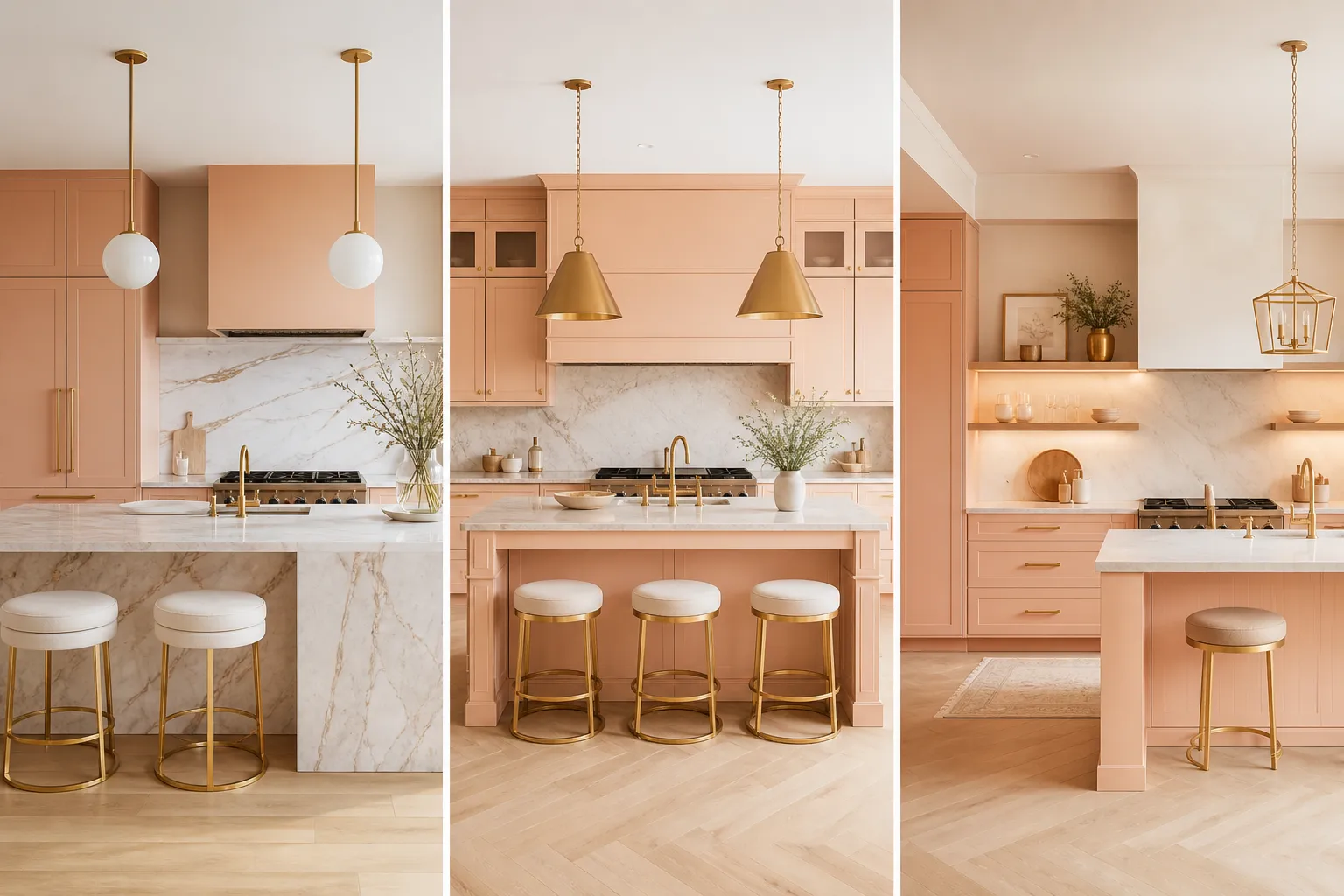 peach fuzz kitchen IDEAS collage with three modern kitchen designs, marble countertops, gold accents, pendant lighting, soft peach cabinets, luxury warm modern kitchen inspiration