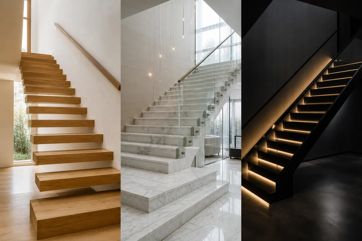 modern stair ideas collage with floating wooden stairs, marble staircase with glass railing, and black LED staircase luxury interior design