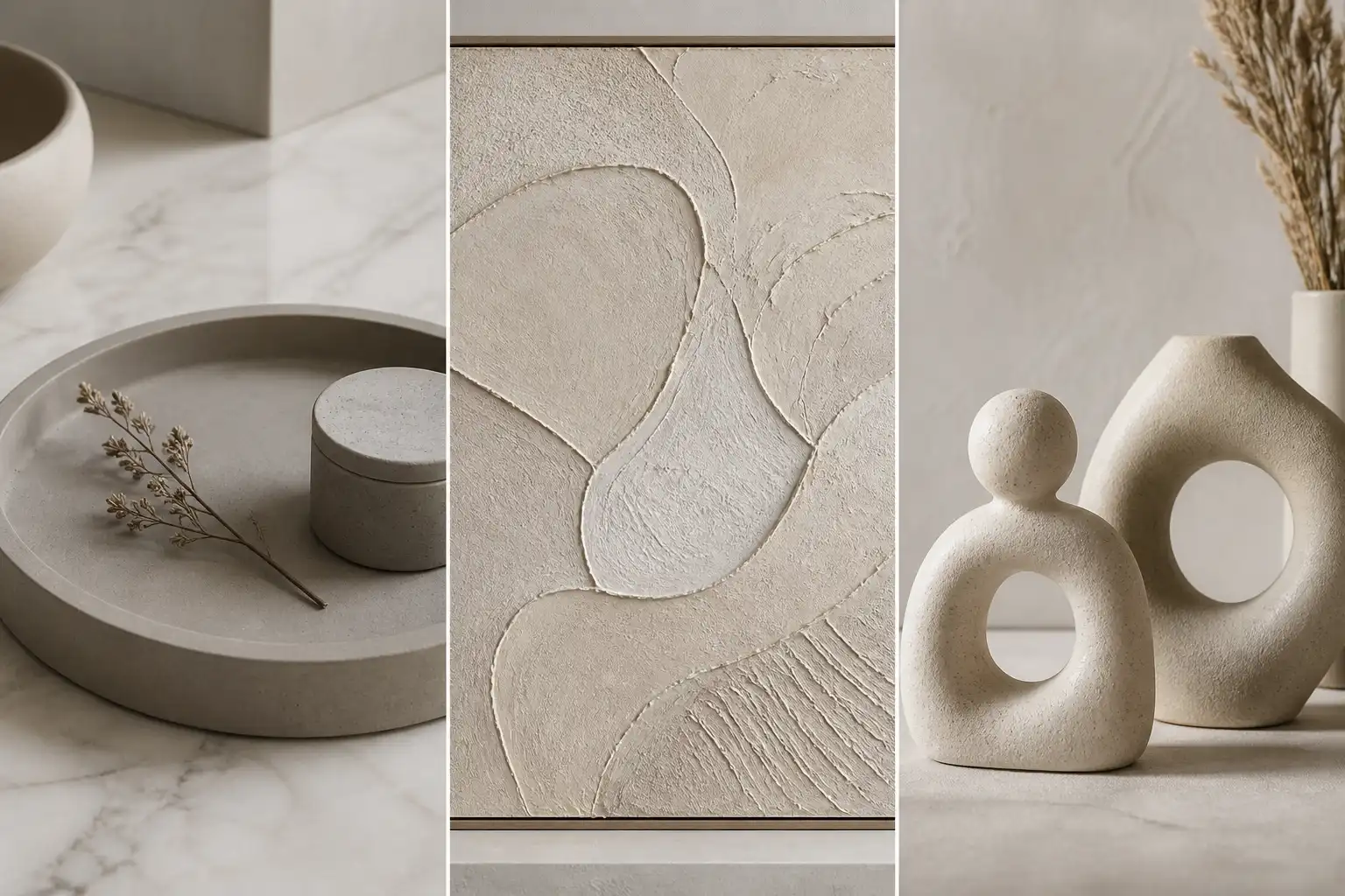 DIY concrete and plaster decor ideas collage featuring minimalist tray textured wall art and sculptural objects neutral tones luxury aesthetic modern interior styling