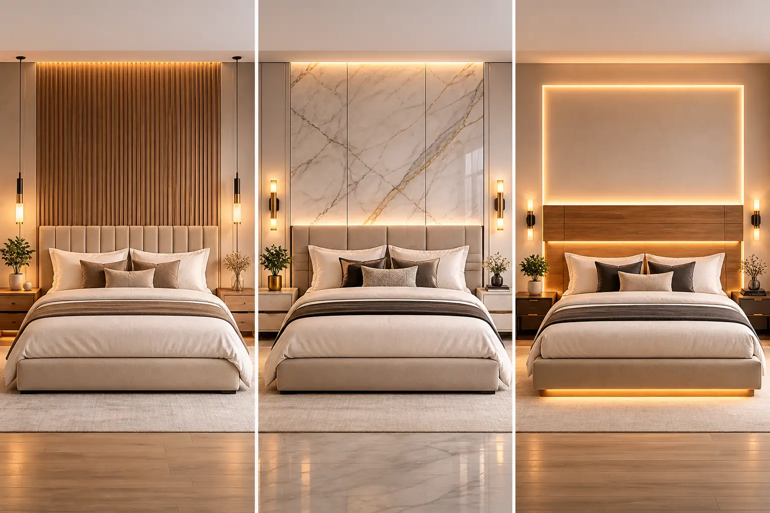 luxury diy headboard ideas collage featuring upholstered panel headboard marble wall headboard and led backlit floating headboard modern bedroom designs warm lighting clean aesthetic full bed view