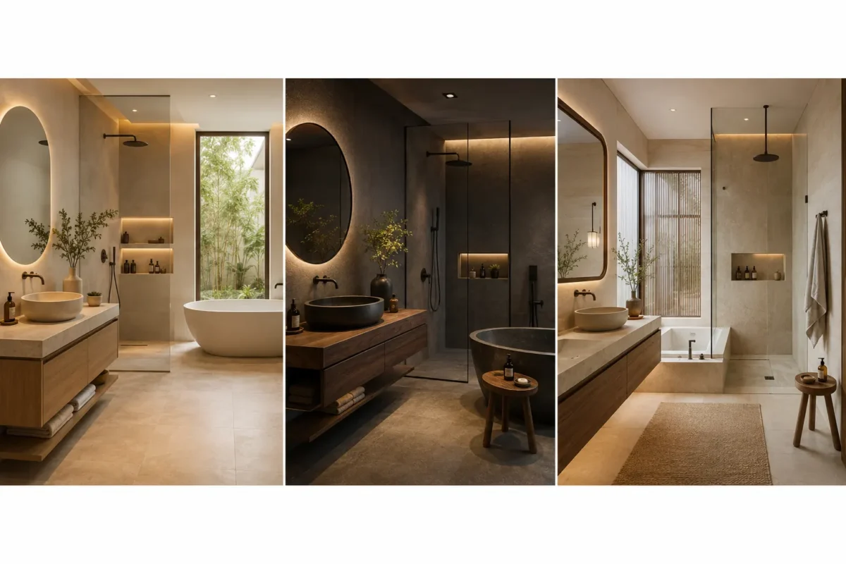 Luxury Japandi bathroom ideas collage featuring three modern spa-inspired interiors with floating wood vanities, freestanding soaking tubs, frameless glass showers, warm ambient lighting, beige stone textures, minimalist decor, and elegant Scandinavian Japanese design aesthetics.